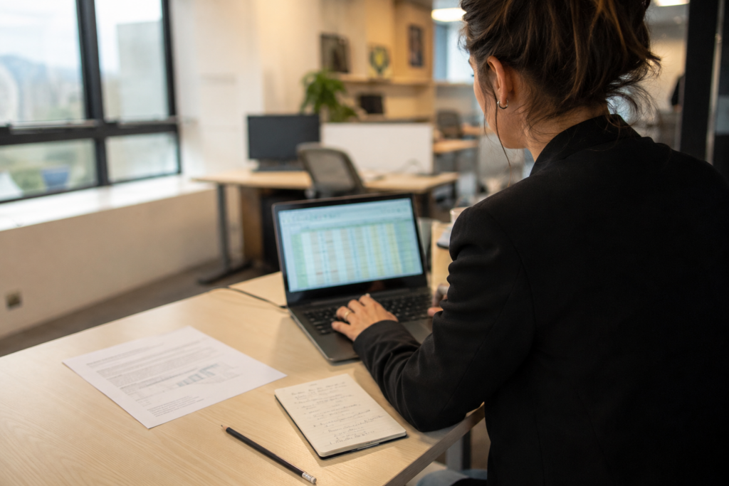 Profesional controlando una operación de importación en computador con documentación de comercio exterior.