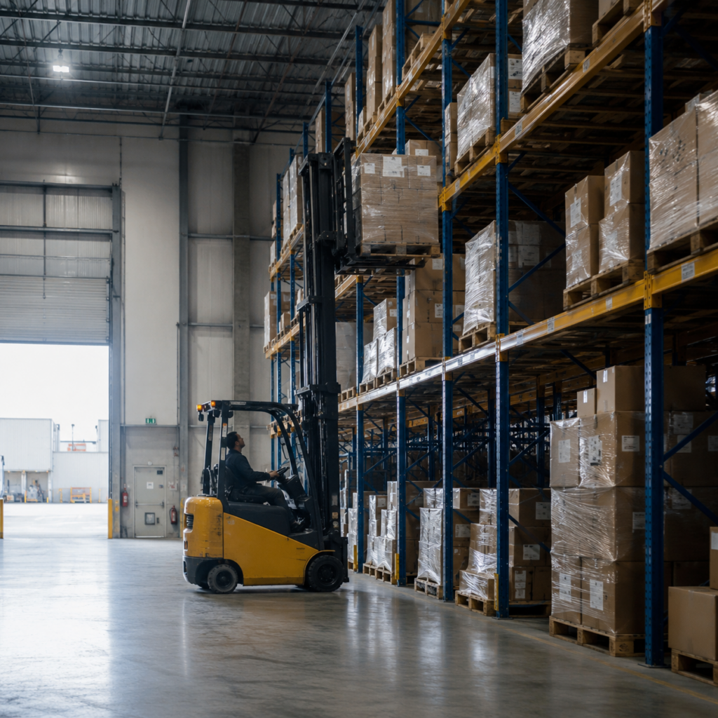 Centro de distribución y una grúa horquilla elevando un pallet hacia un segundo nivel, mostrando experiencia en operaciones de importación.